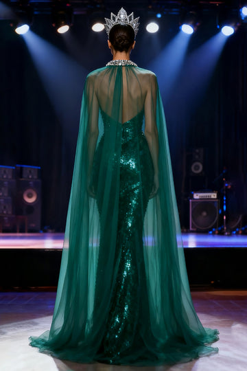 Sparkly Dark Green Mermaid Halter Pageant Dress with Overlay